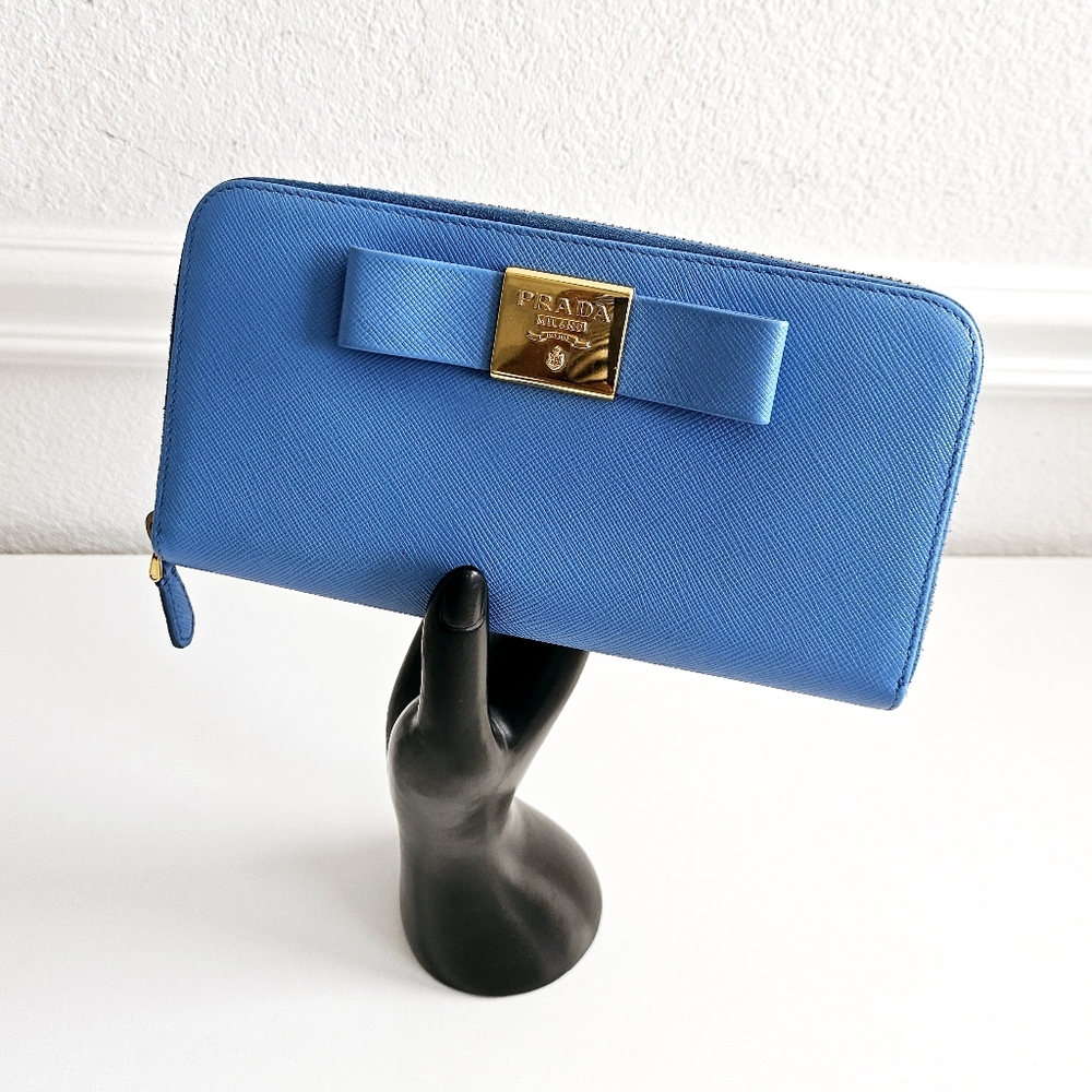 Prada Saffiano Leather Blue Bow Long Zippy Wallet